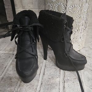 Winter Is Coming!!  Cuffed Black Heeled Boots with Cozy Lining